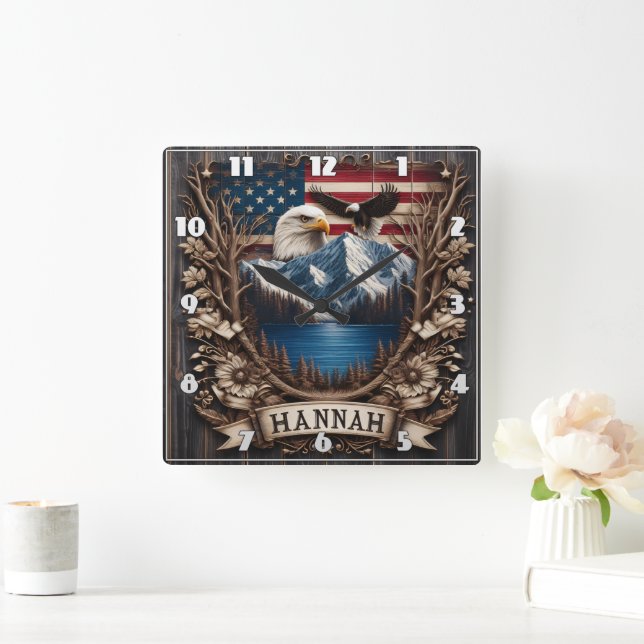 Horloge Carrée Aigle survolant les montagnes et drapeau américain (Maison)