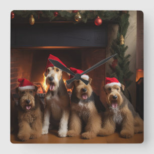 Horloge Carrée Airedale au coin du feu Noël 