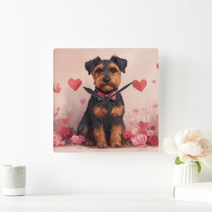 Horloge Carrée Airedale avec Rose - Saint Valentin