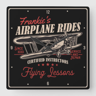 Horloge Carrée Airplane Rides Retro Flying Lessons