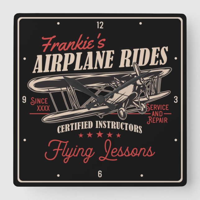 Horloge Carrée Airplane Rides Retro Flying Lessons (Recto)