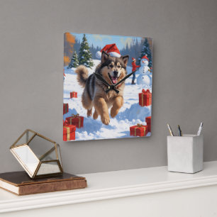 Horloge Carrée Alaskan Malamute Noël Festive Scène de neige