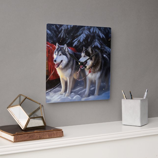 Horloge Carrée Alaskien Malamute Snowy Sleigh Ride Noël (Bureau)