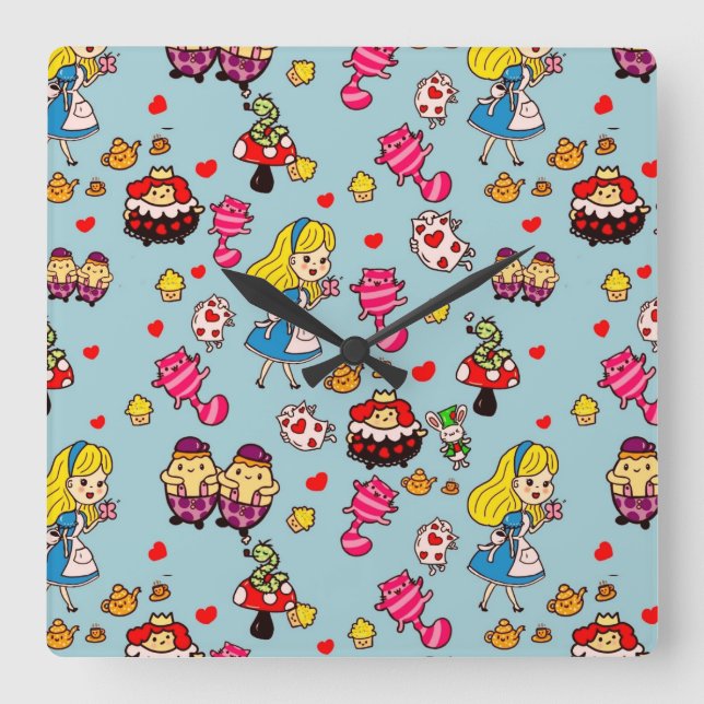 Horloge Carrée Alice Wonderland Chapelier Fou Chat Doodle Art par (Recto)