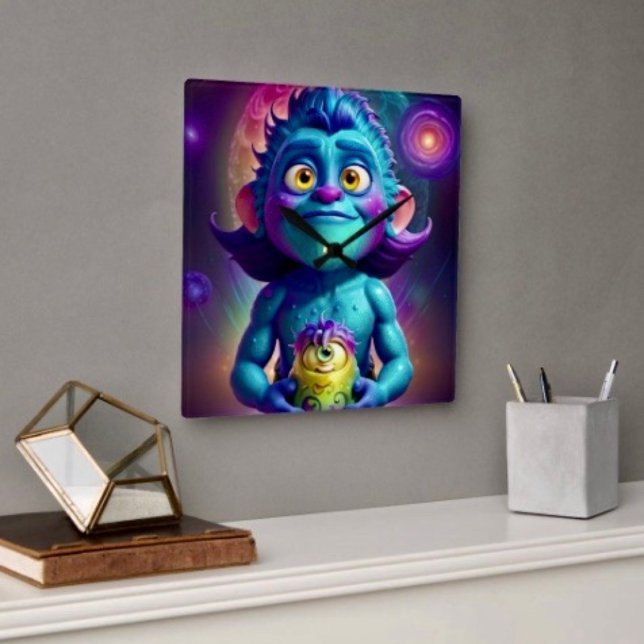 Horloge Carrée Alien de l'espace et ami (Wall Clock backside hanging slot  non-ticking design. 2 sizes: 8" diameter or 10.75" diameter.
)