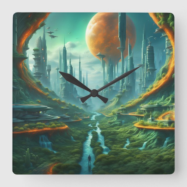 Horloge Carrée Alien Nature & Futuriste Ville Surreal Sci-Fi Art (Recto)