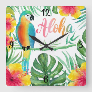 Horloge Carrée Aloha Tropical Parrot Hibiscus Palm Carré Mur Cl