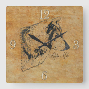 Horloge Carrée Alpha Grey Wolf Faune Portrait Art