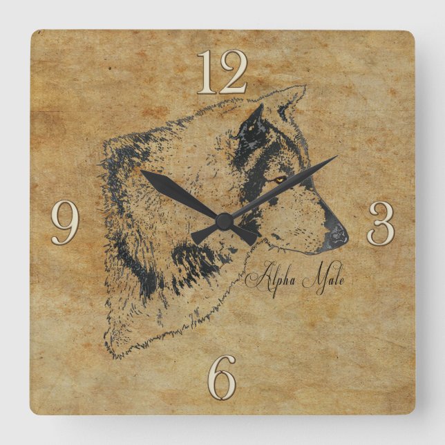 Horloge Carrée Alpha Grey Wolf Faune Portrait Art (Recto)