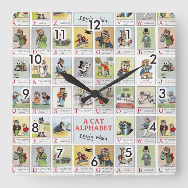 Horloge Carrée Alphabet de chat, Louis Wain (Recto)