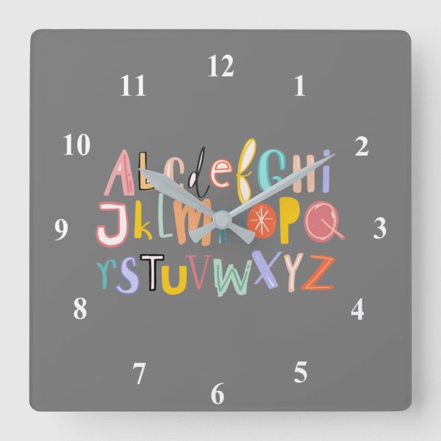 Horloge Carrée Alphabet enfants typographie cool (Recto)