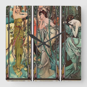 Horloge Carrée Alphonse Mucha art, Art nouveau, vintage, femmes, 