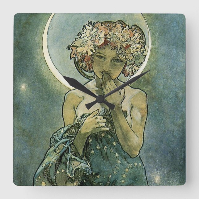 Horloge Carrée Alphonse Mucha Magnifique femme Art Nouveau #18 (Recto)