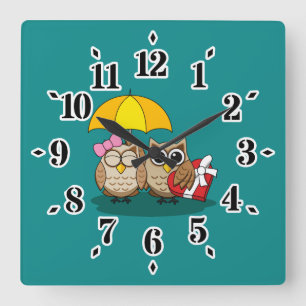 Horloge Carrée Amateurs de chouette avec parapluie et boîte de ch