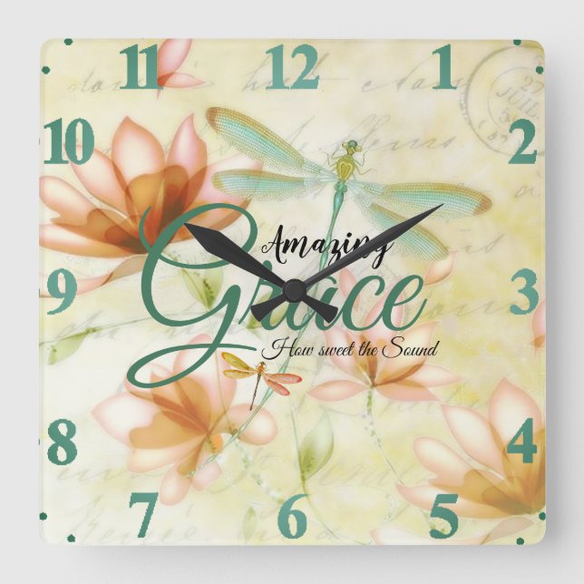 Horloge Carrée Amazing Grace Flowers and dragonfly (Recto)