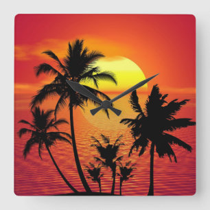 Horloge Carrée Amazing sunset with palms on tropical beach