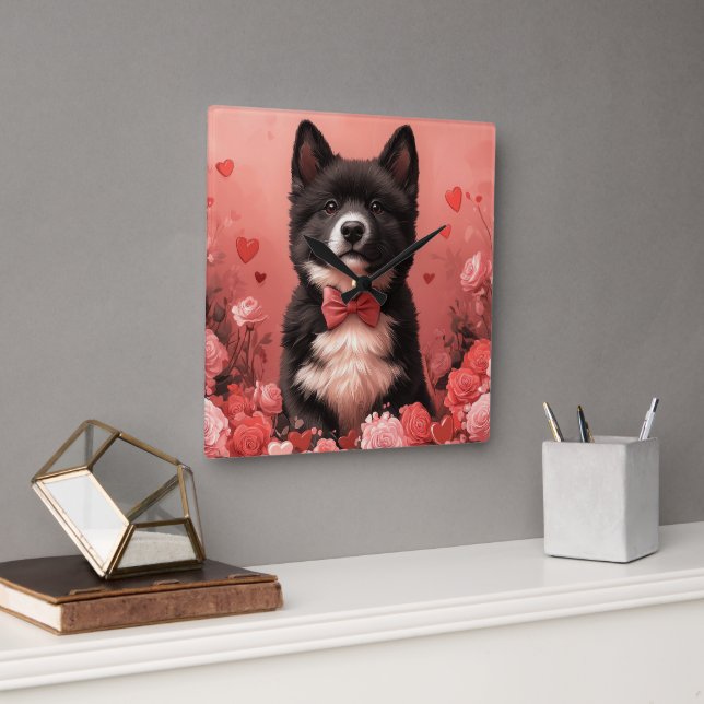 Horloge Carrée American Akita avec Rose - Saint Valentin (Bureau)