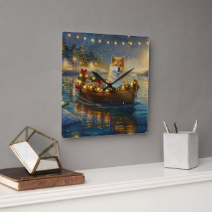 Horloge Carrée American Akita Christmas Festive Voyage