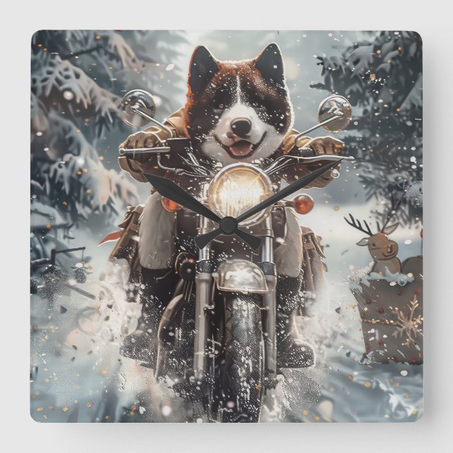 Horloge Carrée American Akita Dog équitation moto Noël (Recto)