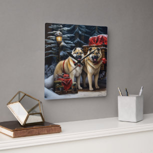 Horloge Carrée American Akita Snowy Sleigh Ride Décor de Noël