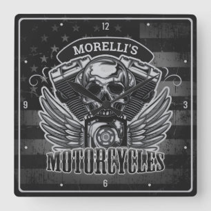 Horloge Carrée American Biker AJOUTER LE NOM Skull V-Twin Motos