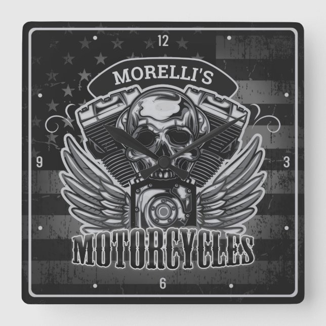 Horloge Carrée American Biker AJOUTER LE NOM Skull V-Twin Motos (Recto)