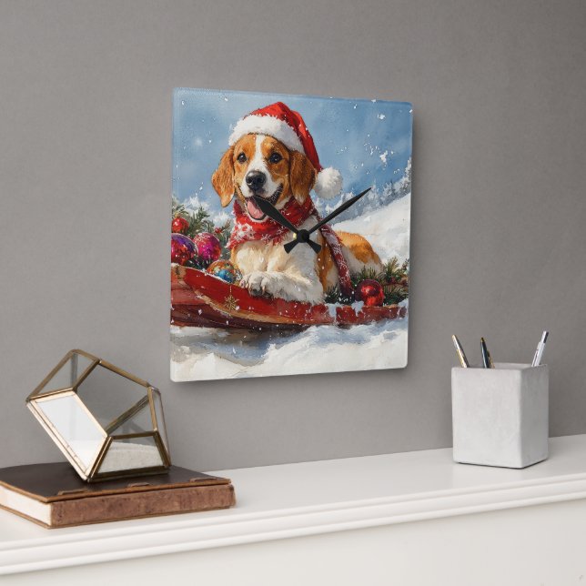 Horloge Carrée American English Foxhound dans Sledge Christmas (Bureau)