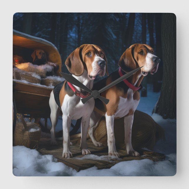 Horloge Carrée American English Foxhound Snowy Sleigh Noël (Recto)