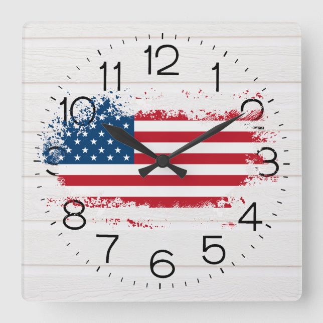 Horloge Carrée American Flag on White Wood Square Wall Clock (Recto)