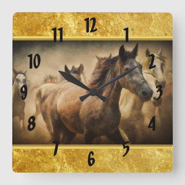 Horloge Carrée American Quarter Horse avec design feuille d'or (Recto)