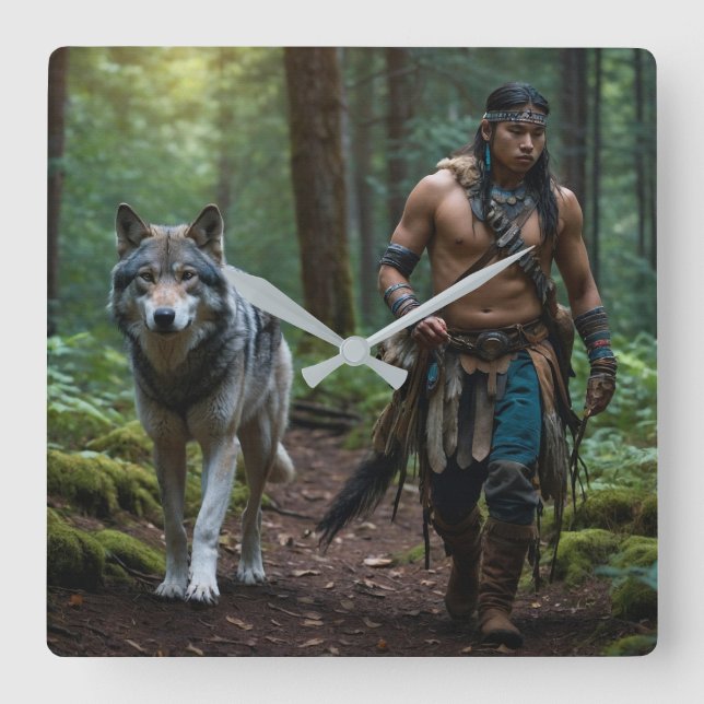 Horloge Carrée Amérindiens Warrior & Wolf Wildlife Design (Recto)