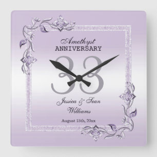 Horloge Carrée Amethyst Gem & Parties scintillant 33e anniversair