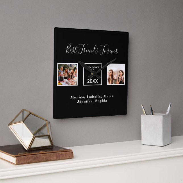 Horloge Carrée Amis pour toujours noms noir blanc photo (Bureau)