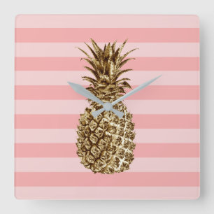 Horloge Carrée Ananas assez girly élégant d'or et rayure rose