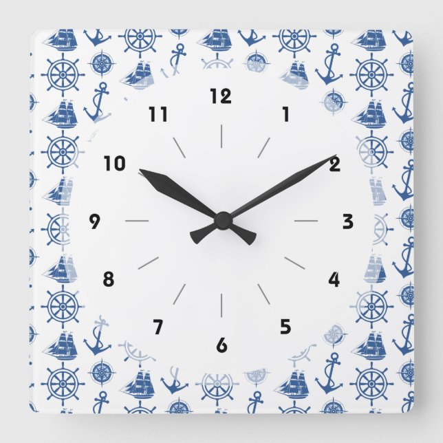 Horloge Carrée Ancre de thème nautique Bleu et blanc (Recto)