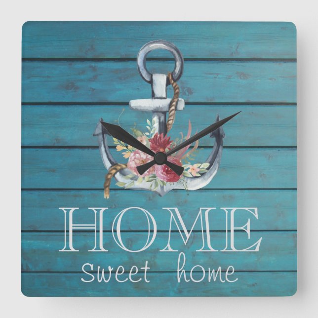 Horloge Carrée Ancre florale, Bois, Maison Sweet Home (Recto)