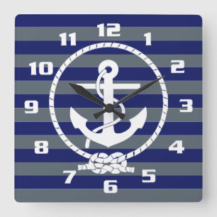 Horloge Carrée Ancre nautique élégante et motif rayure bleue