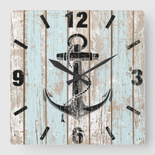 Horloge Carrée Ancre nautique rayures bois