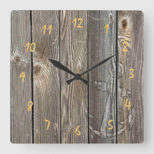 Horloge Carrée Ancre rustique et bois d'aspect authentique magnif