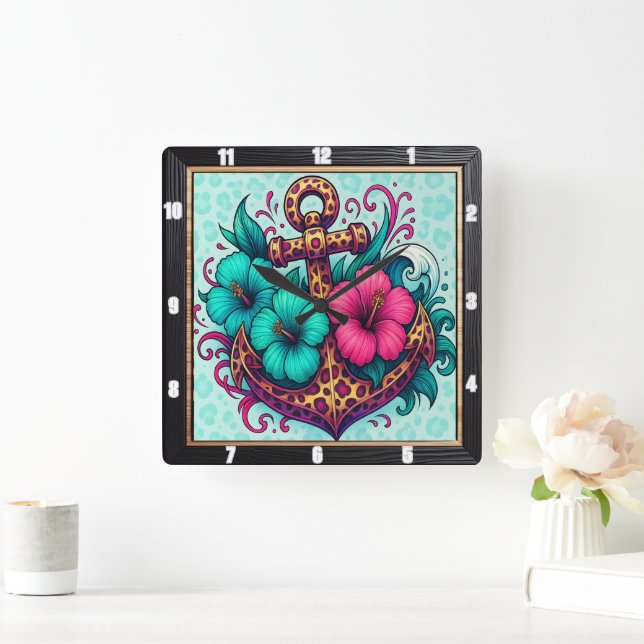 Horloge Carrée Ancre turquoise Conception nautique (Maison)