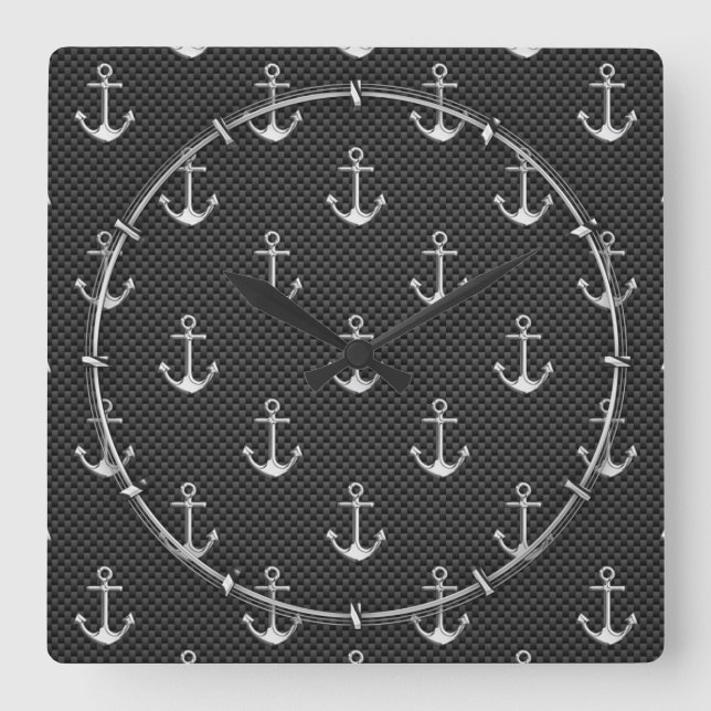 Horloge Carrée Ancres en argent Chrome sur Motif de fibre de carb (Recto)