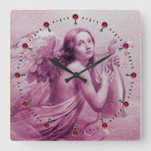 Horloge Carrée ANGE JOUER LYRA SUR LES NUAGES Rose Fuchsia