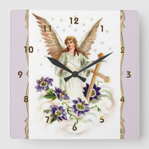 Horloge Carrée Angel Avec Croix Et Fleurs Clematis