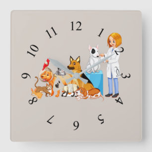 Horloge Carrée Animaux Animés avec vétérinaire