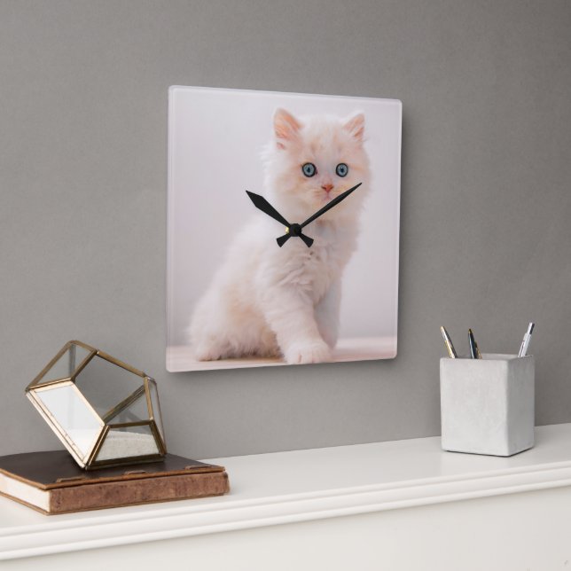 Horloge Carrée Animaux de bébés cutest | Blue Eye Kitten (Bureau)