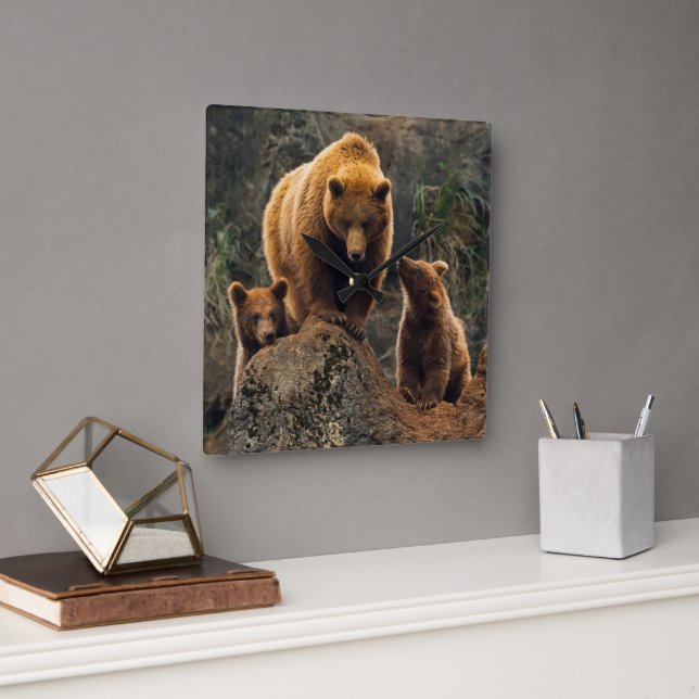 Horloge Carrée Animaux de bébés cutest | Famille d'ours Brown (Bureau)