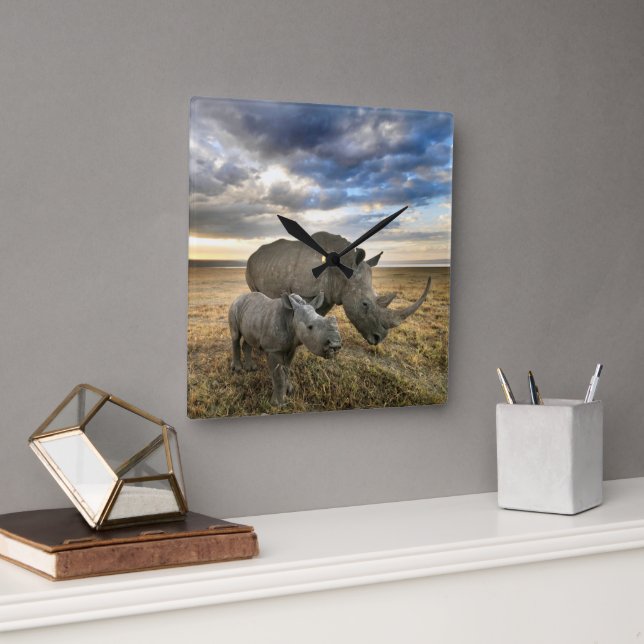 Horloge Carrée Animaux de bébés cutest | White Rhino & Calf (Bureau)