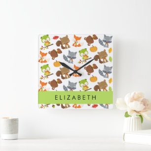 Horloge Carrée Animaux de forêt, Animaux de forêt, Votre nom