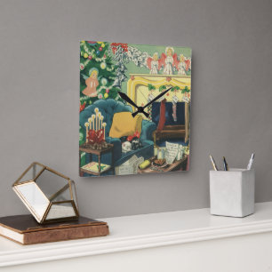 Horloge Carrée Animaux de Noël vintage dans le salon