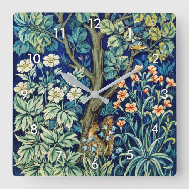 Horloge Carrée Animaux et fleurs, forêt, William Morris (Recto)